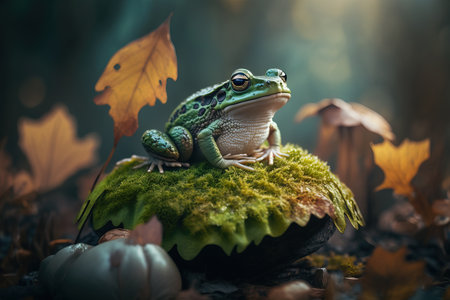 Generative AI. Fantastic beautiful magical fairy meadow with mushroom and a frog in a fabulous enchanted forest, on a mysterious natural background.の素材
