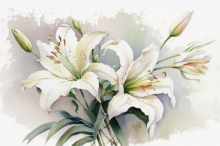 Generative AI. A branch close-up of a white Lilies flowers. Watercolor painting illustration, isolated on white background.の素材