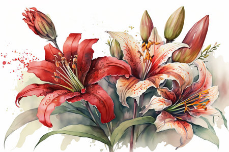 Generative AI. A branch close-up of a red Lilies flowers. Watercolor painting illustration, isolated on white background.の素材
