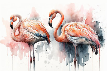 Generative AI. Portrait of two Flamingo birds, watercolor painting. Red flamingo (Phoenicopterus ruber), zoological illustrationの素材