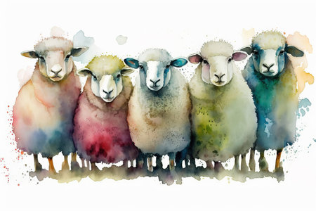 Generative AI. Funny sheepa. Watercolor illustration. Farm animals.の素材