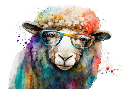 Generative AI. Funny sheep with glasses, animal portrait. Watercolor illustration. Farmanimal.の素材