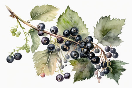Generative AI. Watercolor illustration of black currant isolated on white backgroundの素材
