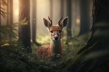 Generative AI. Roe deer with antlers comes out of the forest to graze in the meadowの素材