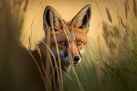 Generative AI. Close up of a red fox (vulpes vulpes) in the meadowの素材
