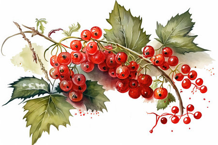 Generative AI. Ripe red currants on a branch, isolated white background. Watercolor botanical illustrationの素材
