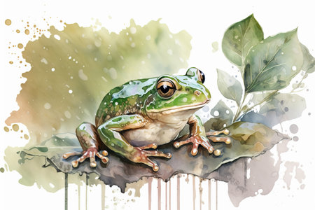Generative AI. Watercolor illustration with vintage little green frog .の素材