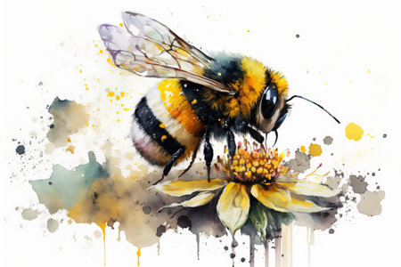 Generative AI. Watercolor illustration of beautiful bee on a summer flower.の素材