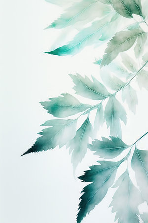 Pale watercolor leaves on white background - vertical botanical design banner. Floral pastel watercolor, vintage styleの写真素材