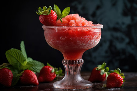 Generative AI. Cold summer strawberry cocktail mojito, margarita, daiquiri. Two glasses with fresh strawberry soda drink with ice cubes and mint leaves on dark background. Iced strawberry lemonade, copy spaceの素材