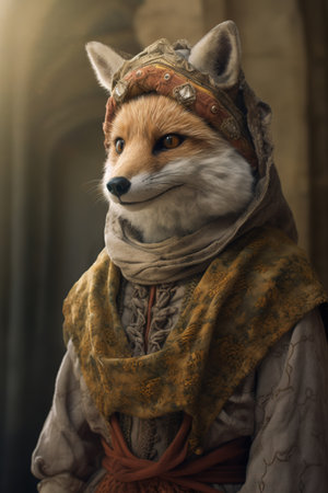 Portrait of a fox wearing a medieval suit, copy space, Generative AIの素材