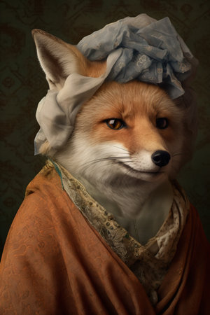 Portrait of a fox wearing a medieval suit, copy space, Generative AIの素材