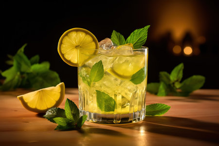 Caipirinha cocktail made of lemons, lemon as garnish. Generative AI.の素材