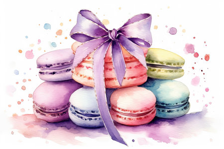 Generative AI. Watercolor set of macaroons decorated isolated on white background.の素材