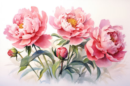 Watercolor painting, white and pink peonies on abstract watercolor background. Generative AI.の素材