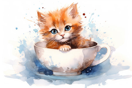 Cute kitten in a teacup with a saucer. Watercolor. Animal illustration. Generative AI.の素材