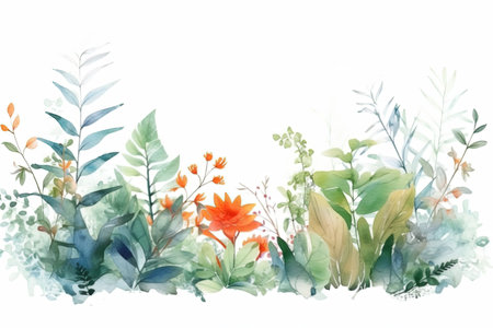 Pale watercolor leaves and flowers on white background - vertical botanical design banner. Floral pastel watercolor, vintage styleの写真素材