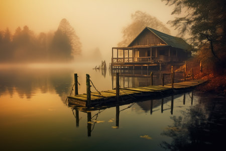 A fog-covered lake and a small dock, in the style of light green and light brown, dreamy and romantic, golden light. Generative AI.の素材