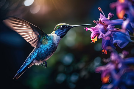 Hummingbird in flight, drinks from a flower. Generative AIの素材