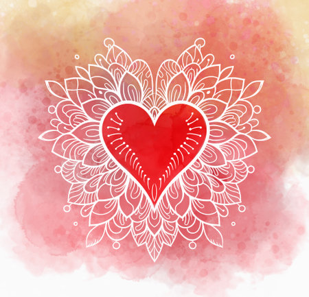 Romantic Heart Mandala Template on a watercolor background. Valentine illustration. Love, romance concept.の写真素材