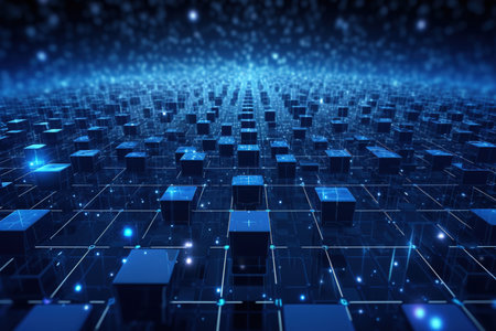 Cube technology on Converging point of circuit with Abstract blue background. Blockchain Network System. Big data storage processing, Cloud data, Internet Security, and Digital Technology. Generative AI.の素材