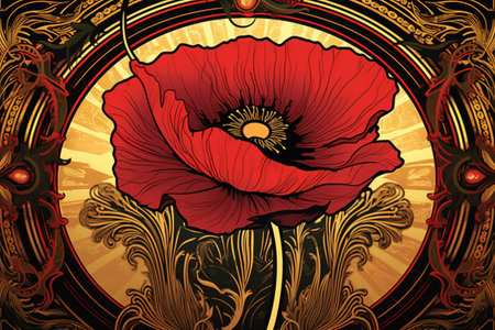 Red poppy flowers in the style of art nouveau. Generative AI.の素材