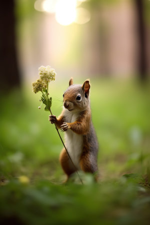 Cute little squirrel holding a flower. Birthday card. Generative AI.の素材