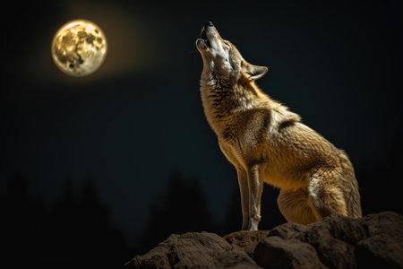 A lone wolf howling at the full moon during midnight. Generative AI.の素材