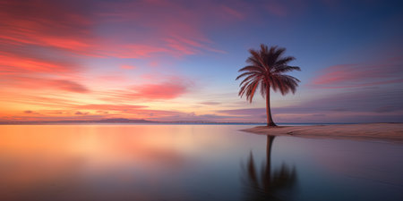Beautiful bright sunset on a tropical paradise beach. Tranquil summer vacation or holiday landscape. Tropical sunset beach view with palm over calm sea water, Exotic nature view, inspirational scenic. Generative AI.の素材