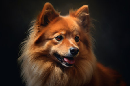 Red Spitz dog breed isolated on black background. Portrait of Spitz dog. Generative AI.の素材