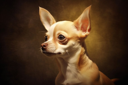 Chihuahua bicolor white brown profile on dark background. Portrait of an adult dog. A hat. Generative AI.の素材