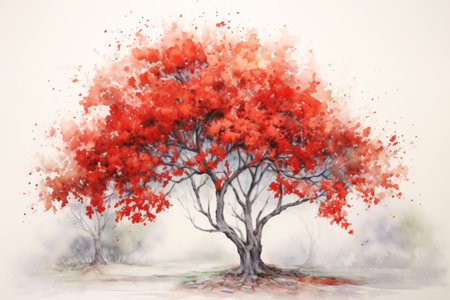 An artistic watercolor rowan tree with red leaves. Generative AI.の素材