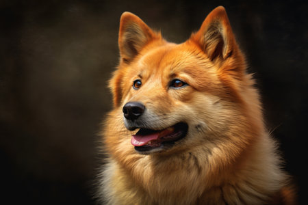 Red Spitz dog breed isolated on black background. Portrait of Spitz dog. Generative AI.の素材