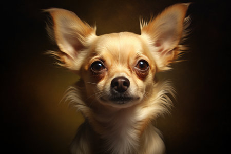 Chihuahua bicolor white brown profile on dark background. Portrait of an adult dog. A hat. Generative AI.の素材