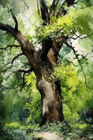 Summer season oak tree, beautiful deciduous tree in forest or park. Generative AI.の素材