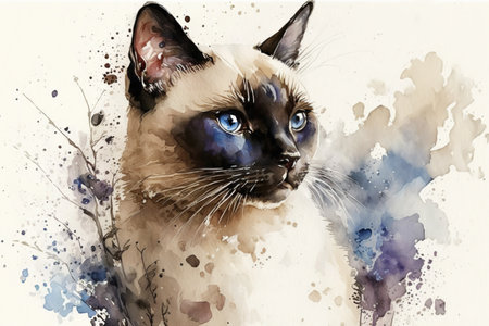 Cute siamese coon cat on an isolated white background. Watercolor illustration. Generative AIの素材