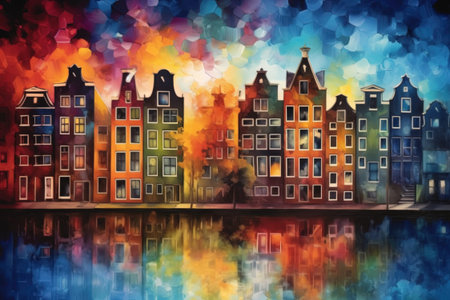 Amsterdam canal houses in rainbow colors, watercolor. Generative AI.の写真素材