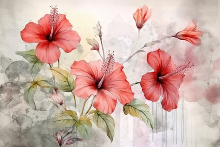 Beautiful watercolor of swamp hibiscus flowers, scientific name Hibiscus Coccineus. Generative AI.の写真素材