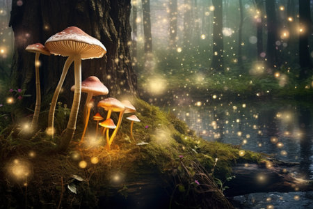 Twinkling fireflies light the path through a whimsical forest of towering mushrooms and sparkling streams. Generative AI.の写真素材