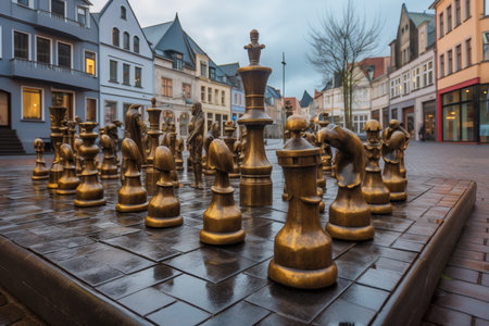 Chess pieces on the background of a city. Outdoor chess. Generative AI.の素材