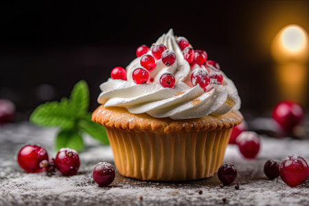 Sweet and delicious cupcake with cranberries. Generative AI.の素材