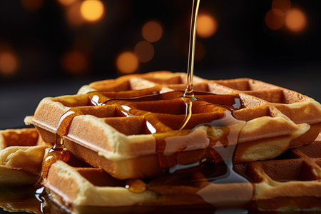 Butter melting on golden brown waffles with maple syrup. Generative AI.の素材
