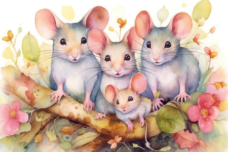 Happy mice family: father mouse, mother mouse, and two kids. Generative AI.の素材