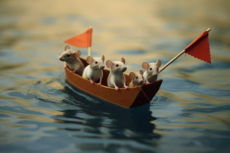 Mice on a paper boat, paddling across the seaの写真素材