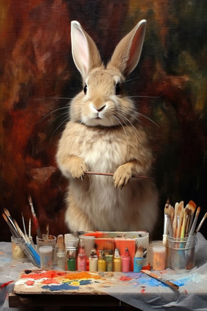 A cute fluffy rabbit as artist in his studio. Generative AI.の素材