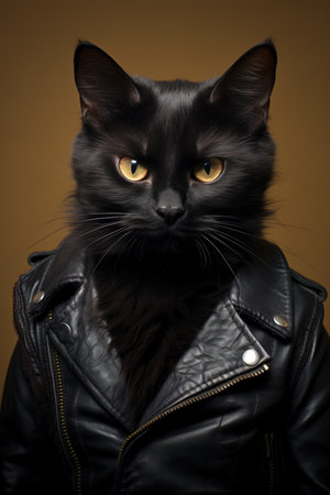 A cool black cat wearing a black leather jacket. Generative AI.の素材