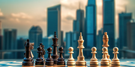 Chess pieces on the background of skyscrapers. Generative AI.の素材