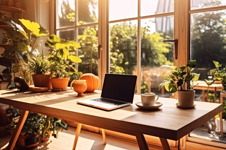 wooden table with laptop computer, modern workplace in bright scandinavian interior, plants in pots, created with Generative AIの素材