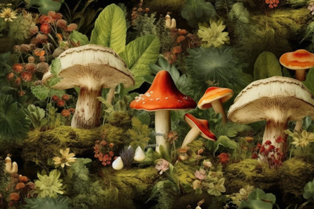 Cottagecore background wallpaper for fabric, image with mushrooms, flowers, nature, greenery. Generative AI.の素材