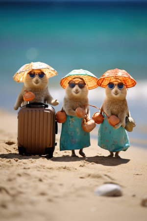 Three funny animals are going on vacation. Summer illustration. Generative AI.の写真素材
